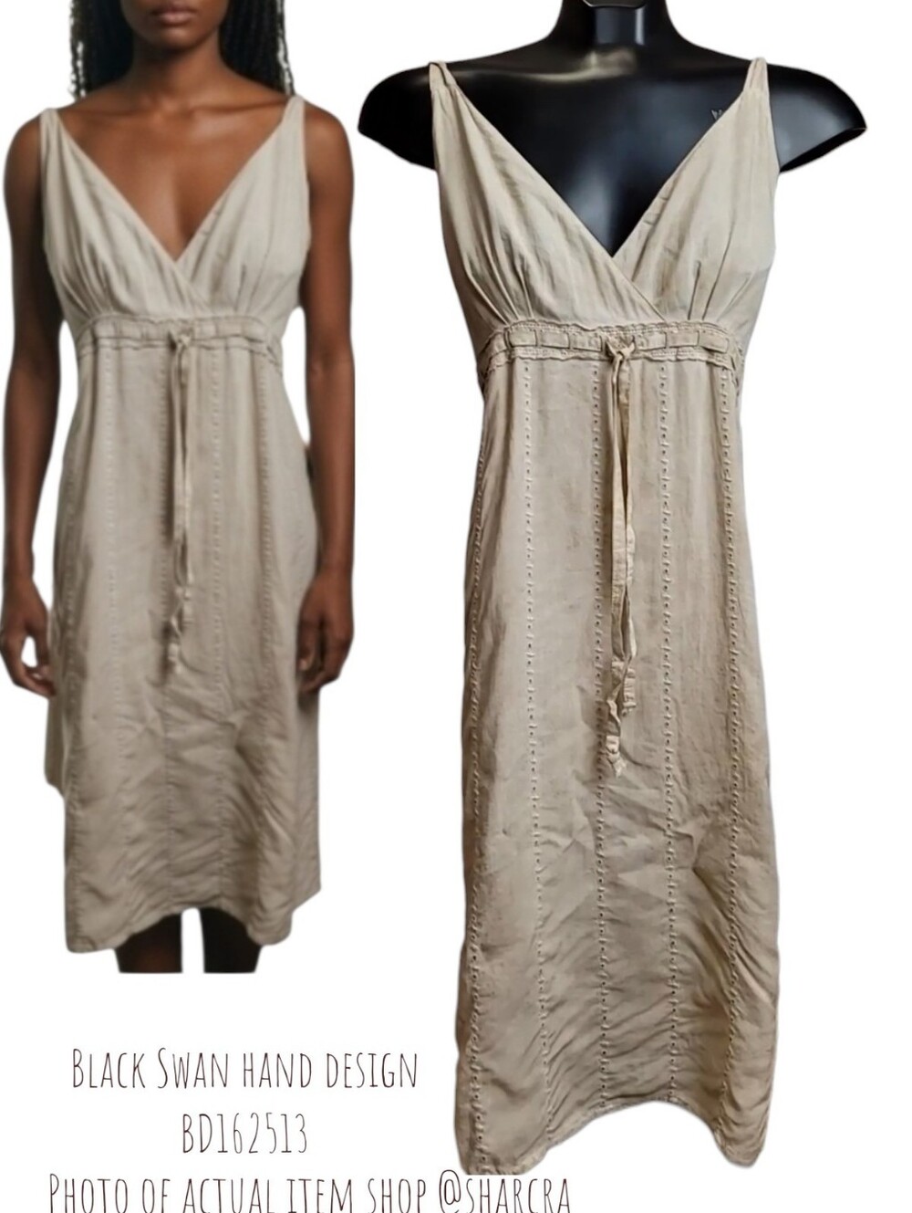 Black Swan Women's eyelet Lined Adjustable Straps V-Neck Sun dress Tan Cream